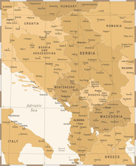 Obraz premium Central Balkan Map - Vintage Vector Illustration