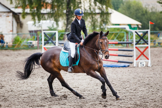 Young girl on bay horse galloping on her course on show jumping training