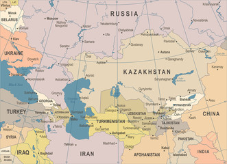 Fototapeta na wymiar Caucasus and Central Asia Map - Vintage Vector Illustration