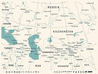 Caucasus and Central Asia Map - Vintage Vector Illustration
