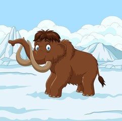 Naklejka premium Cartoon Woolly Mammoth walking through a snowy field