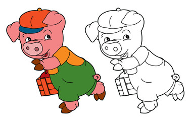 cartoon isolated young pig in work outfit looking / isolated coloring page / illustration for children