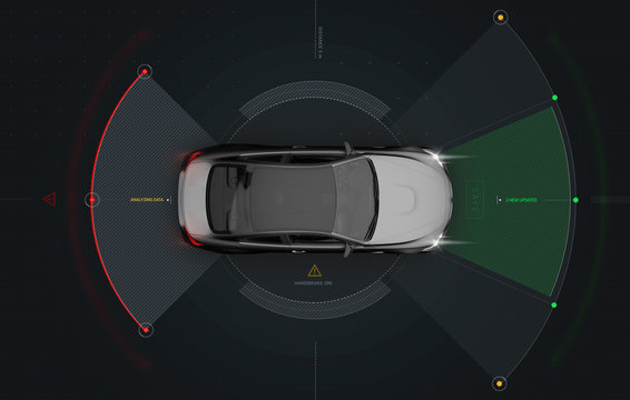 Smart Car Sensors - Futuristic Concept, Top View (with Grunge Overlay) - 3D Illustration