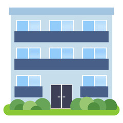 Private house with a blue roof and blue walls on a white background. Vector illustration.

