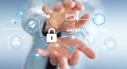 Businessman using antivirus to block a cyber attack 3D rendering