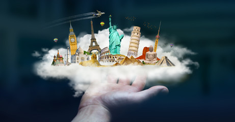 Businessman holding a cloud full of famous monuments in his hands 3D rendering