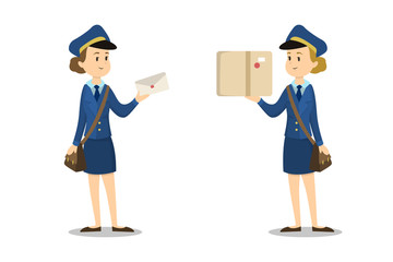 Isolated postwomen with parcel.