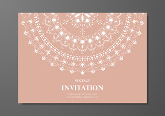 invitation card vintage design with mandala lace pattern on pink background vector