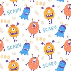 Behang Monsters Naadloos patroon met schattige enge Halloween-monsters