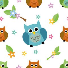 Fototapeta premium Seamless tiling cute and colorful texture with owls and flowers