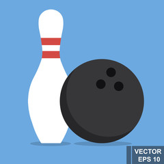 Bowling. A pin and a ball. The icon. Isolated on blue background. For your design.
