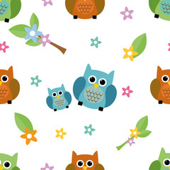 Seamless tiling cute and colorful texture with owls and flowers