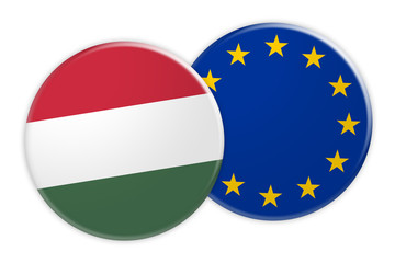 News Concept: Hungary Flag Button On EU Flag Button, 3d illustration on white background