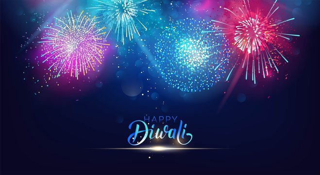 Diwali festival lights poster. DIwali holiday shiny background with fireworks. Vector illustration