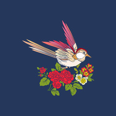 Naklejka premium Flowers and swallow on jeans background. 