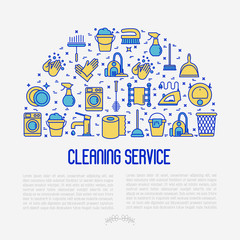 Fototapeta premium Cleaning service concept with thin line icons: iron, washer, robot vacuum cleaner, brushes and other accessories for household. Vector illustration for banner, web page, print media.