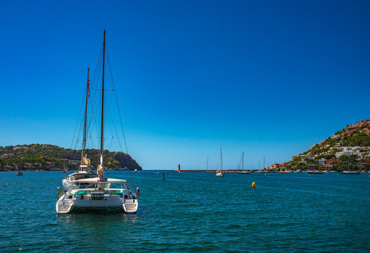 Bay with boats at the seaside of Port de Andratx on Majorca island, Spain Mediterranean Sea