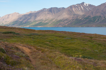 hiking route on island of Hrisey in Iceland