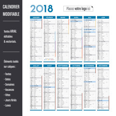 Calendrier 2018 modifiable (éléments isolés sur calques, textes en ARIAL éditables et vectorisés)