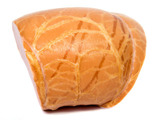 Boiled sausage ham slices on white background