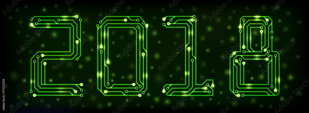 Poster green circuit printed board in the shape of a 2018 with bokeh