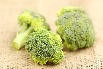 Broccoli on brown sackcloth