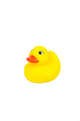 Cute yellow rubber duck isolated over white background
