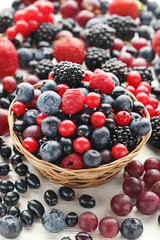 Ripe and sweet berries in basket on white wooden table