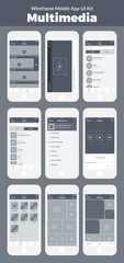 Fototapeta na wymiar Wireframe UI kit for mobile phone. Mobile App Multimedia. Photo, video, music, albums, artists, tracks and playing screens