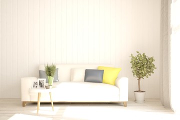 Fototapeta premium Idea of white minimalist room with sofa. Scandinavian interior design. 3D illustration