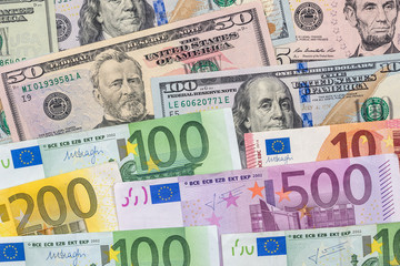Fototapeta na wymiar mix dollar and euro bills. background. money.