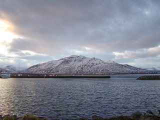 Mountain view from island of Hrisey in Iceland