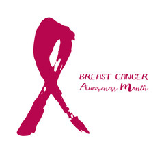 Shape of pink ribbon from brush strokes on white background. National Breast Cancer Awareness Month. Vector illustration