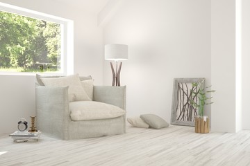 White room with armchair and green landscape in window. Scandinavian interior design. 3D illustration