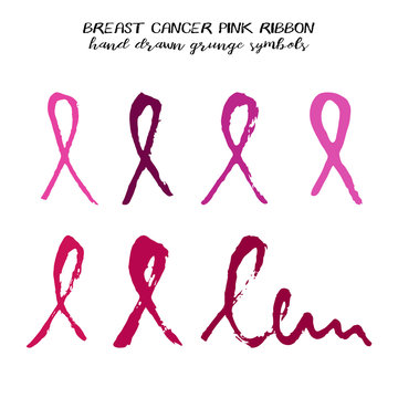 Set of pink ribbons from brush strokes in different colors and strokes on white background. National Breast Cancer Awareness Month. Vector illustration