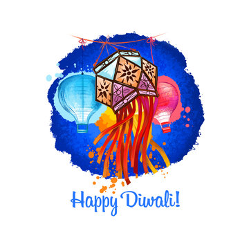 Happy Diwali digital art illustration isolated on white background. Hindus festival of lights. Deepavali hand drawn graphic clip art drawing for web, print. Decorative paper lattern lamps in sky