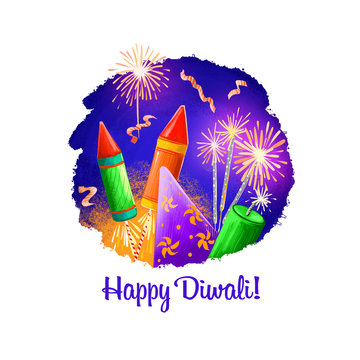 Happy Diwali digital art illustration isolated on white background. Hindus festival of lights. Deepavali hand drawn graphic clip art drawing for web, print. Flying fireworkd and burning sparklers