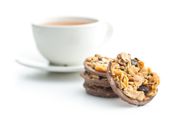Chocolate chip cookies with nuts and raisins.