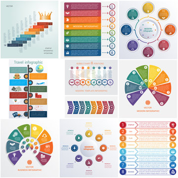 Set 10 universal templates elements Infographics conceptual cyclic processes for 8 positions