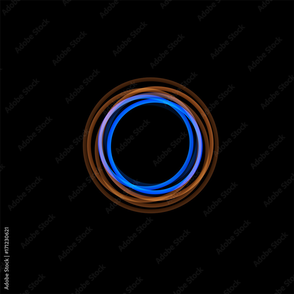 Poster isolated funnel abstract logo, linear unusual shape, circular line logotype. luminous hoops, rings, 