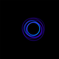 Isolated funnel abstract logo, linear unusual shape, circular line logotype. Luminous hoops, rings, wheel graphic illustration on the black background.