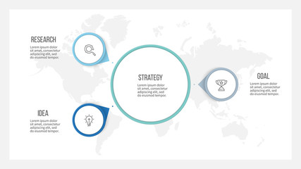 Business infographic. Organization chart with 3 options, arrows. Vector template.