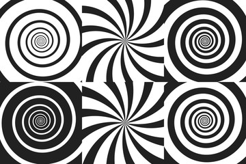 Fototapeta na wymiar Horizontal banner set of psychedelic spiral with radial rays, twirl, twisted comic effect, vortex backgrounds. Vector illustration. Design elements.