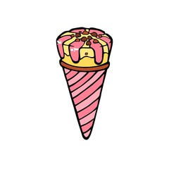 Ice cream dessert with caramel or chocolate. ice cream with nuts,sweet vanilla whipped cream and fruit ice. Vector illustration, lines on a white background.