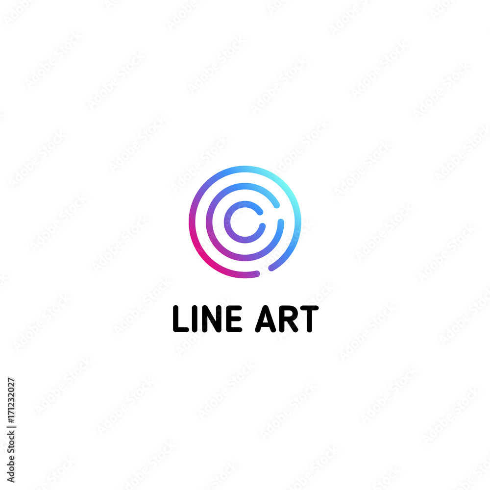 Poster Isolated dotted line art logo template. Abstract linear logotype. Colorful geometric icon. Outline innovate design elements. Vector simple futuristic sign. Circle of lines.