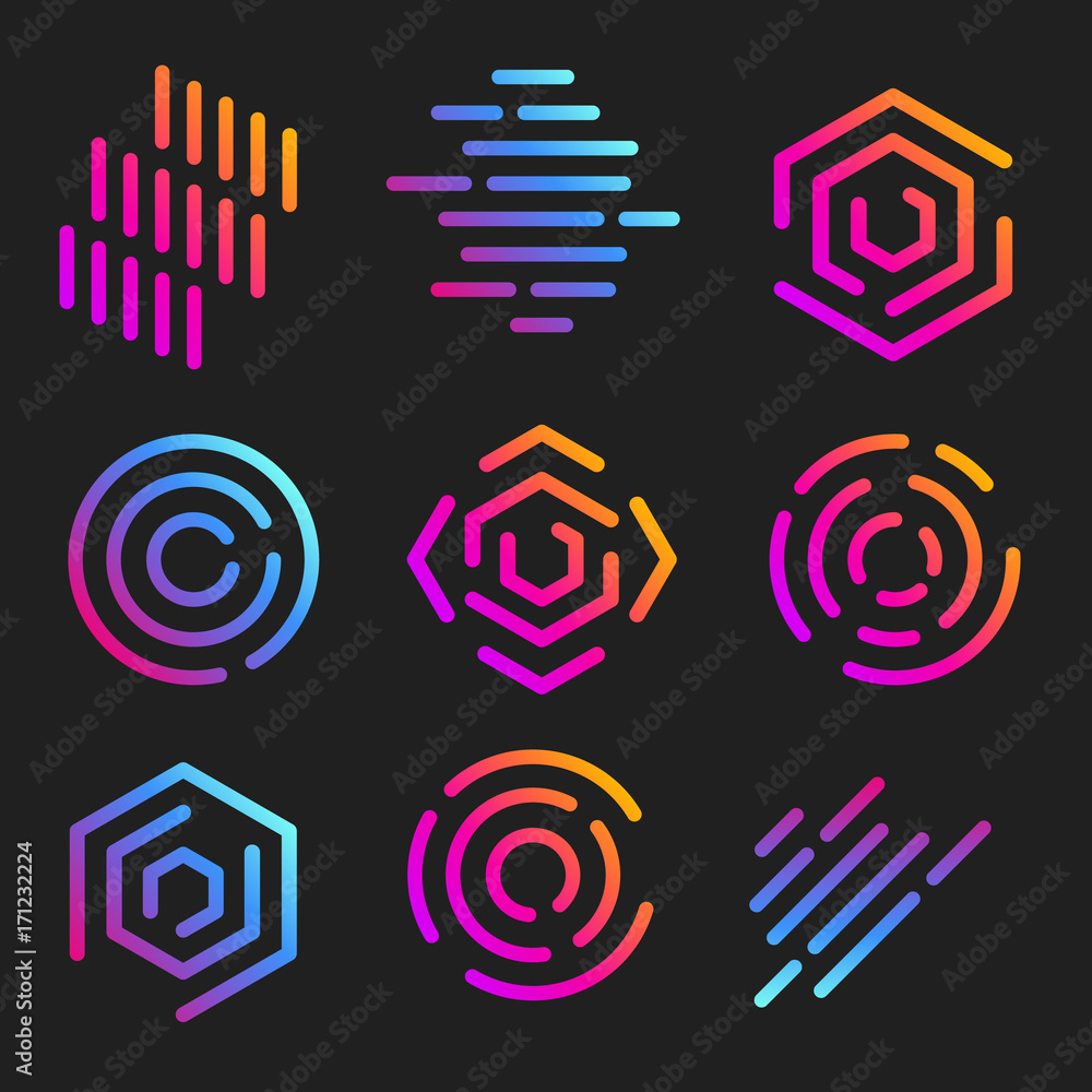 Poster isolated line art logos templates. abstract linear logotypes. colorful geometric icons collection. o