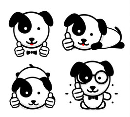 Naklejka premium Dogies like. Isolated Puppies show their thumbs up. Simple Funny puppy shows an approving hand gesture. Black and white Vector logo and illustration set.