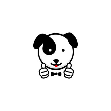 Dogie like. Isolated Pup show thumb up. Simple Funny puppy show an approving hand gesture. Black and white Vector logo and illustration.