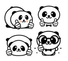 OK logo. Funny little cute panda showing gesture with hand, abstract symbol of approval and adoption. Vector thumbs up logo with the image of a Chinese black and white bear showing its consent