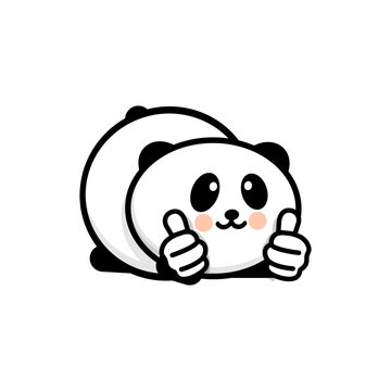 OK logo. Funny little cute panda showing gesture with hand, abstract symbol of approval and adoption. Vector thumbs up logo with the image of a Chinese black and white bear showing its consent